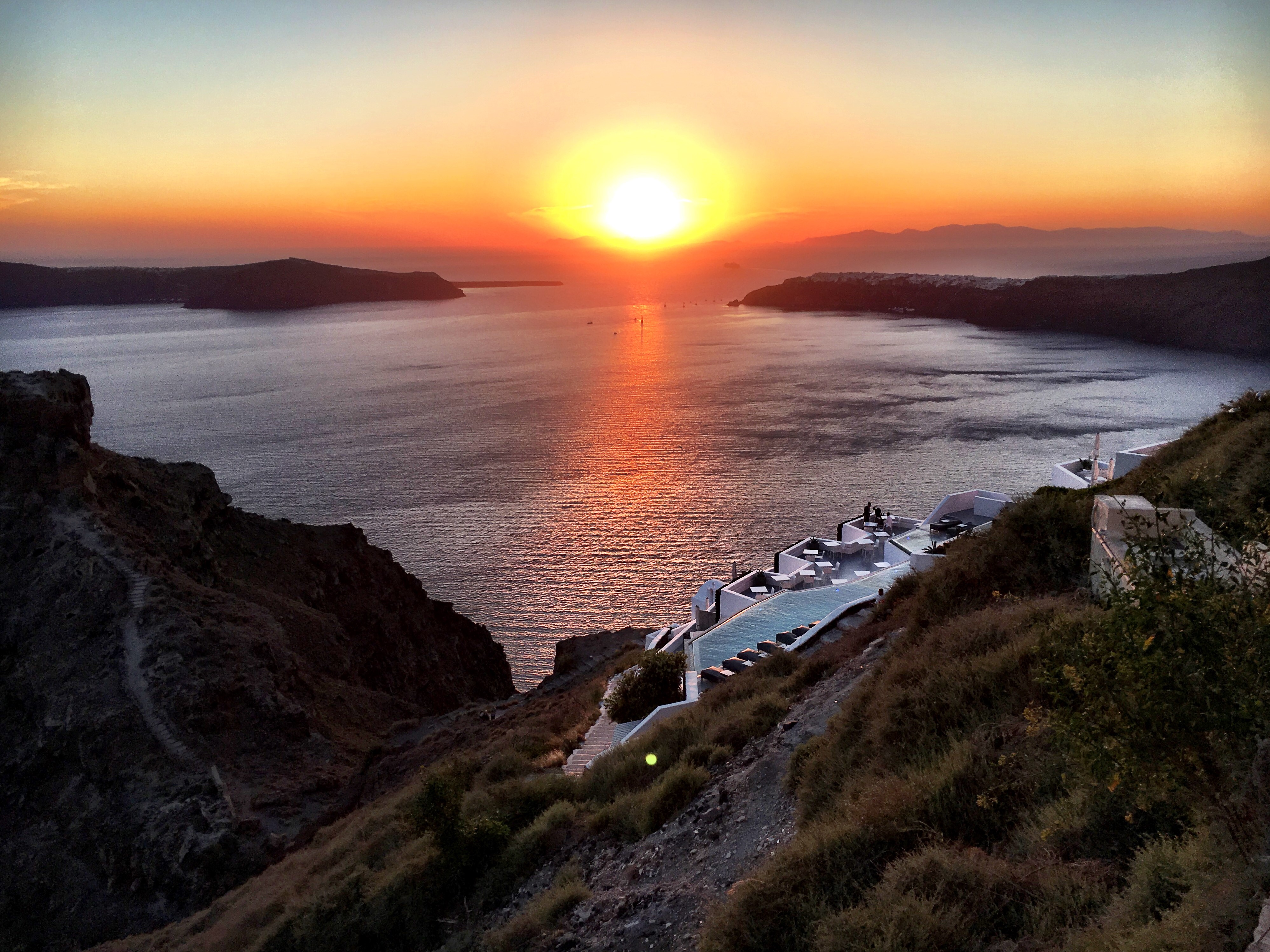 Sunset view from Mezzo restaurant in Santorini, Greece