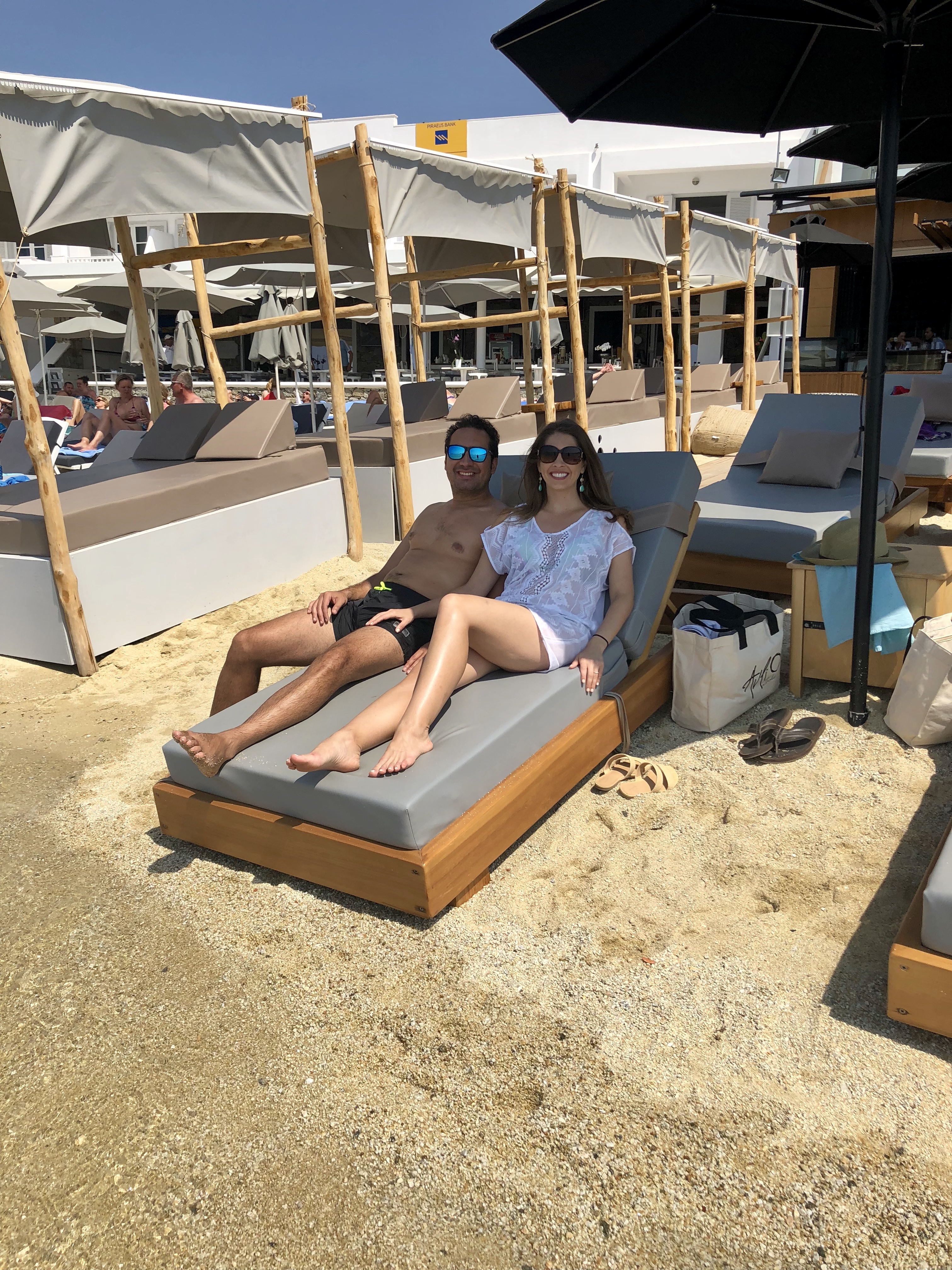 Relaxing on Platis Gialos beach in Mykonos