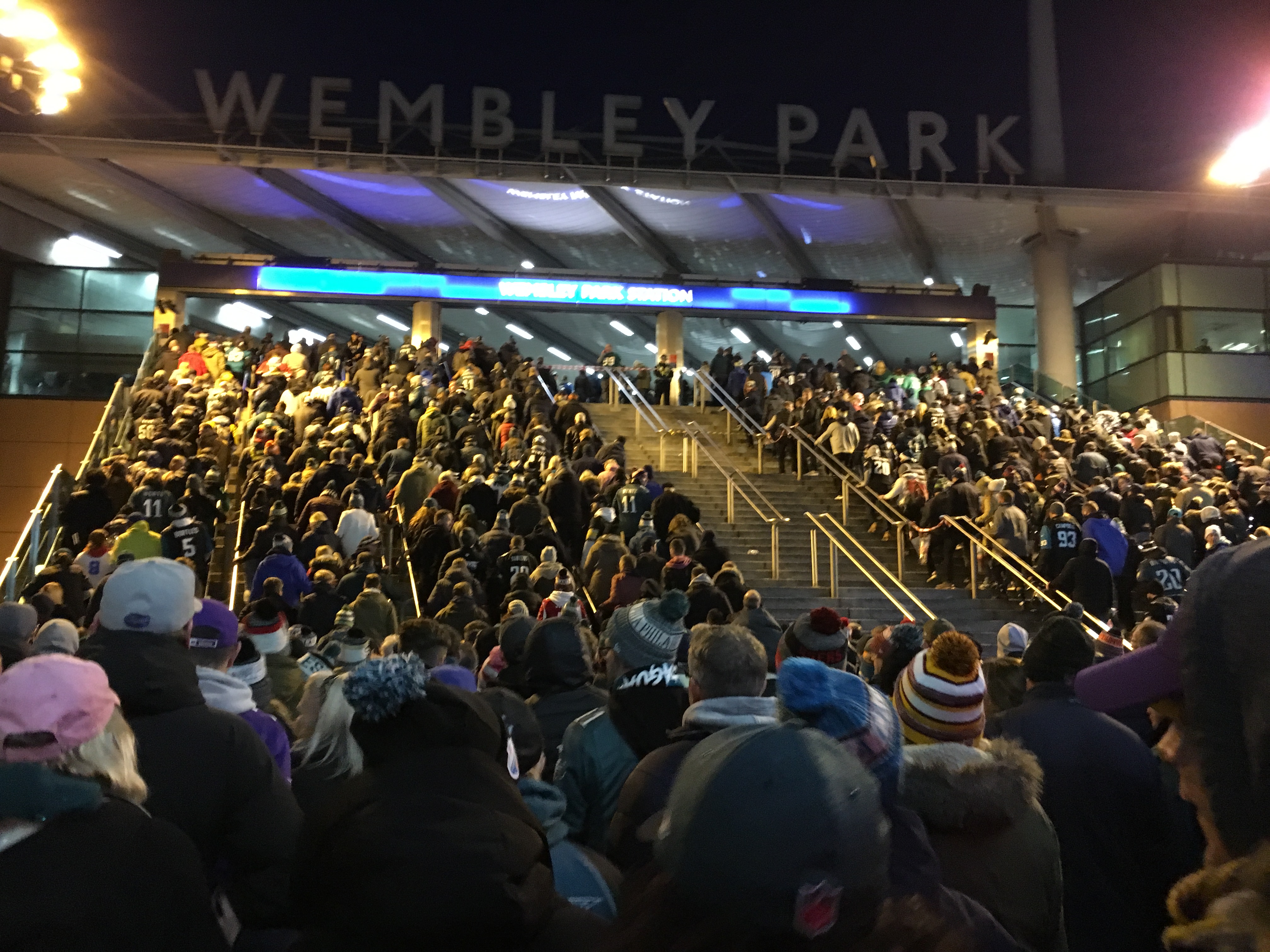 Lines to the underground at Wembley park after an NFL game