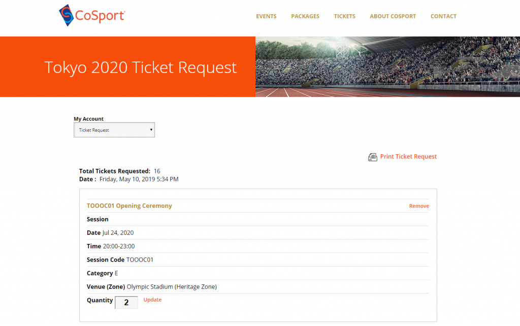 CoSport Olympics ticket request submission page