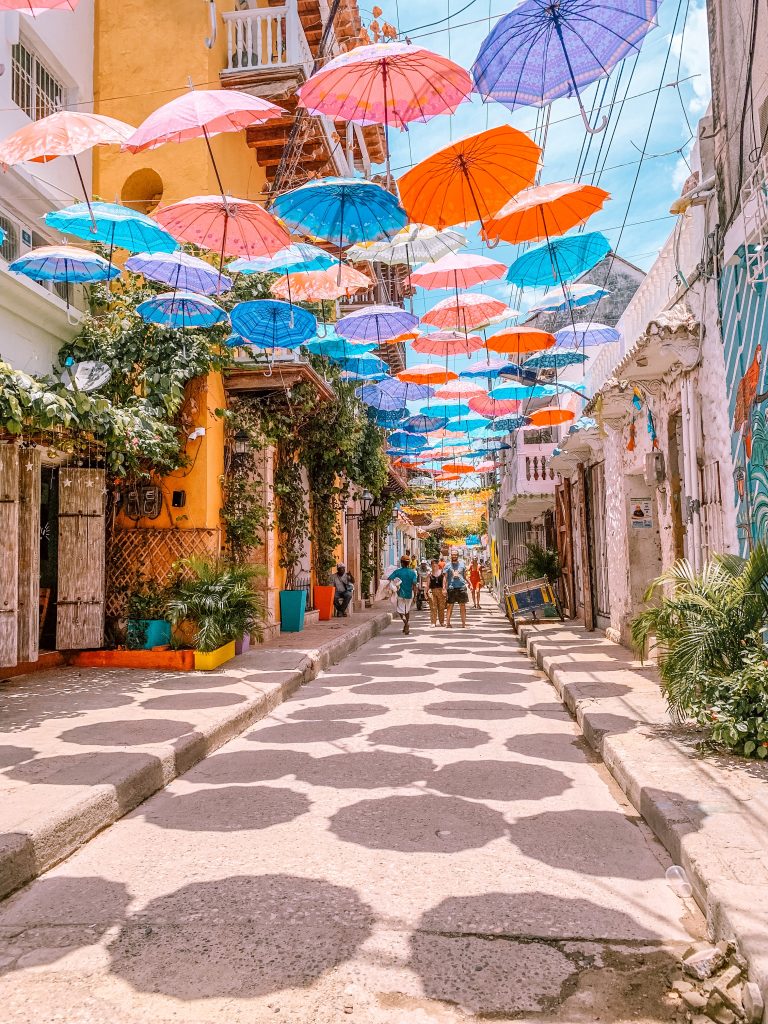 Umbrella-covered street in Getsemani (Cartagena, Colombia)