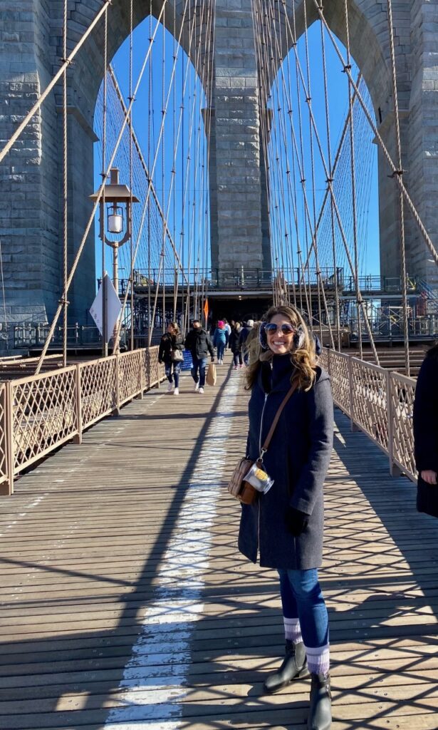 Walking across the Brooklyn Bridge, New York City