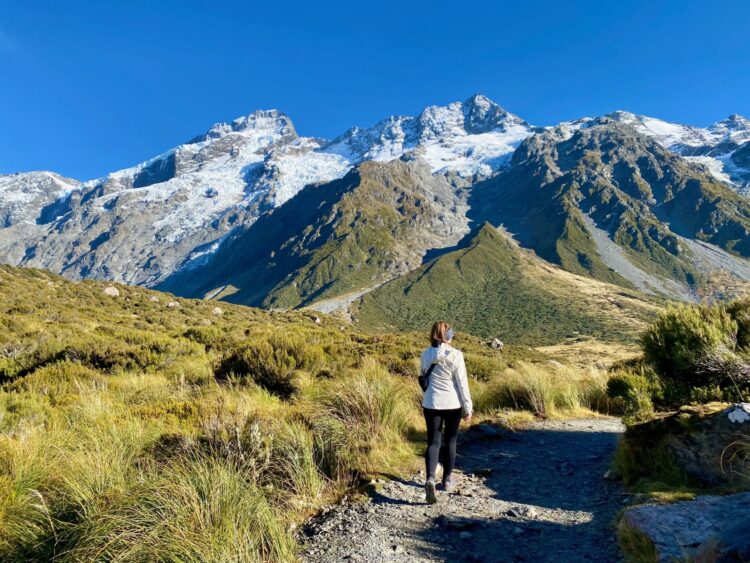 Kristy hiking Hooker Valley Track, New Zealand