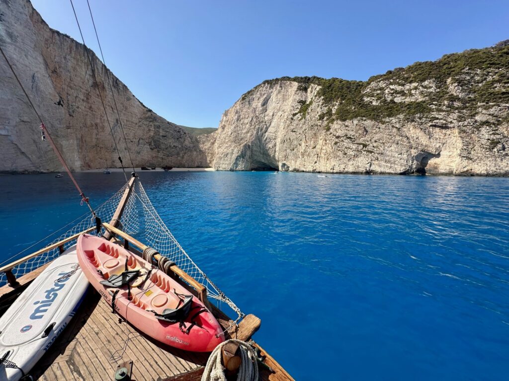 View of Navagio Beach, Zakynthos from the Aegeotissa II