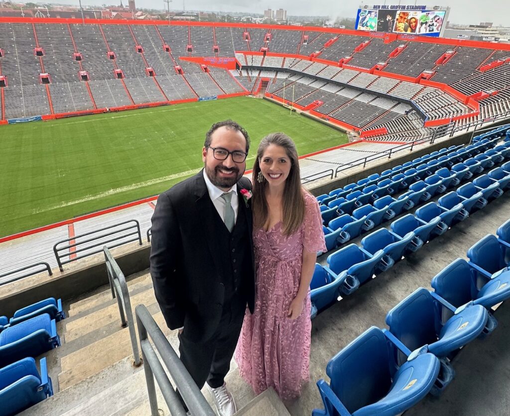 Kristy + WC at a wedding in Ben Hill Griffin Stadium, Gainesville