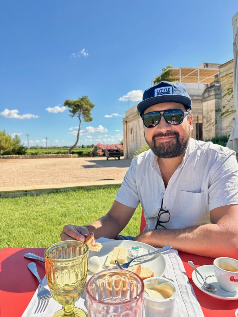 WC enjoying breakfast on the lawn at Emera Wine Resort, Italy