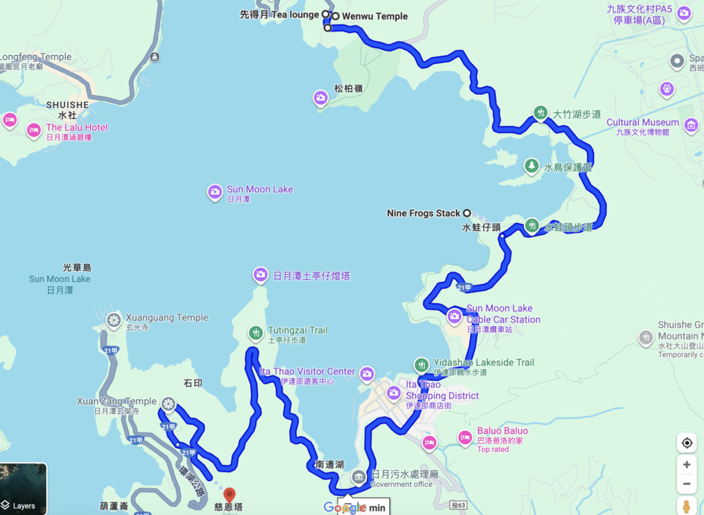 Map of our road trip on one day at Sun Moon Lake road trip