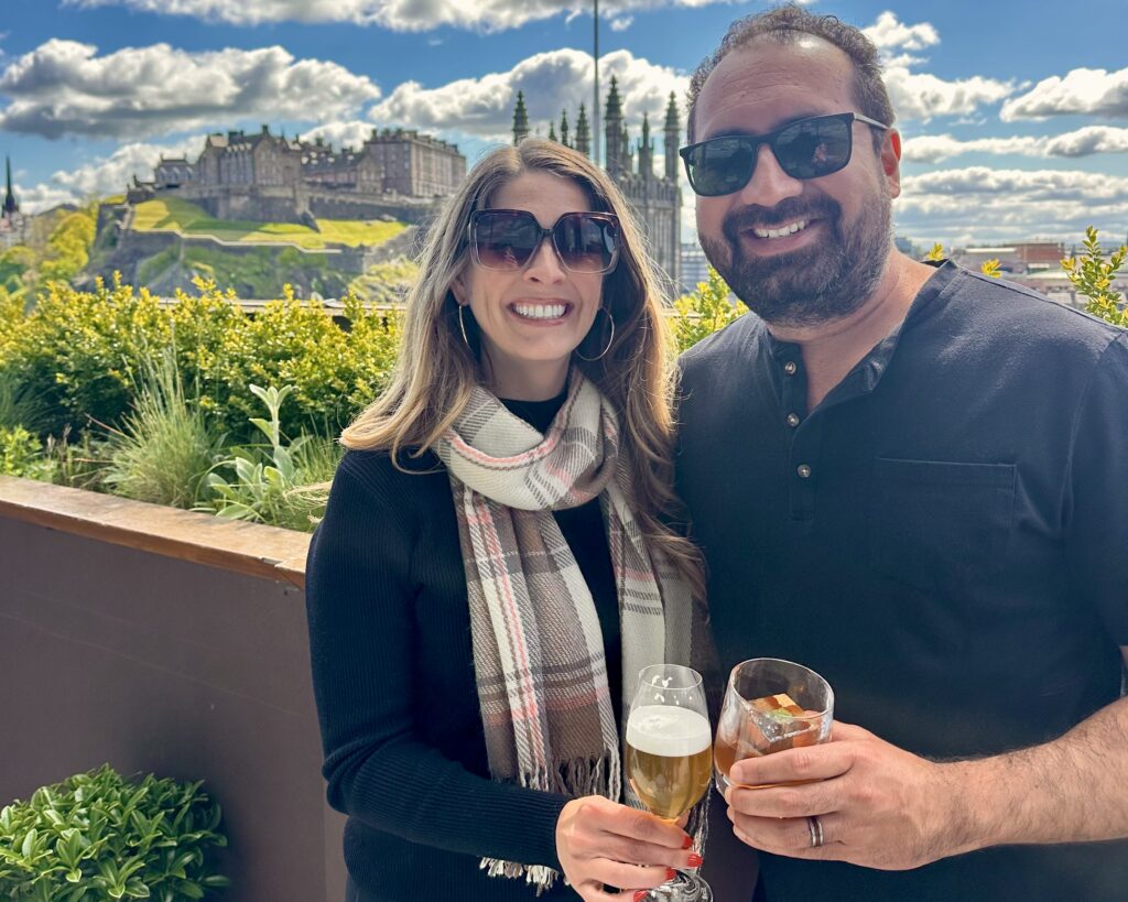 Kristy and WC with drinks at 1820 Rooftop Bar in Edinburgh, Scotland