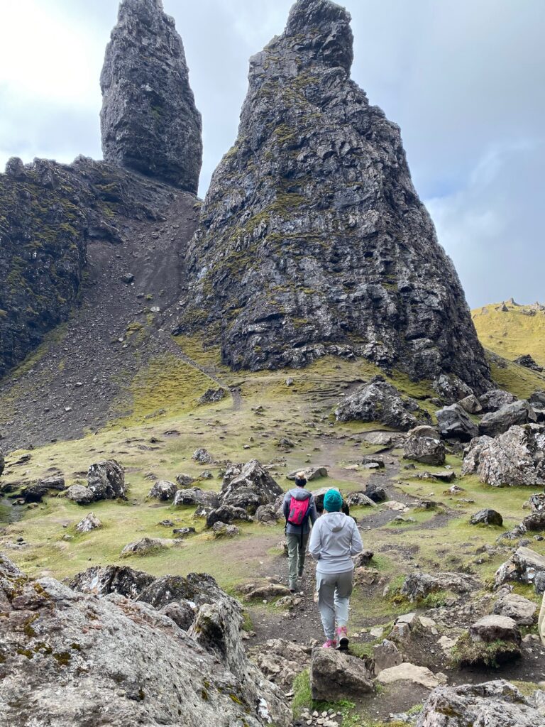Mel + Kristy hiking Old Man of Storr, Scotland